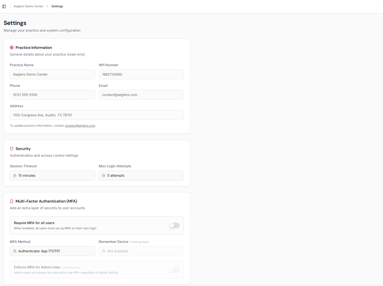 Settings page showing Practice Information, Security, and Multi-Factor Authentication cards