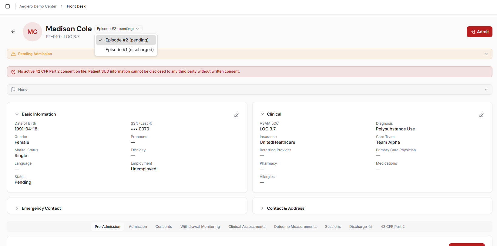 A patient profile showing multiple episodes (Episode #1, #2, #3) with admit and discharge dates and reasons