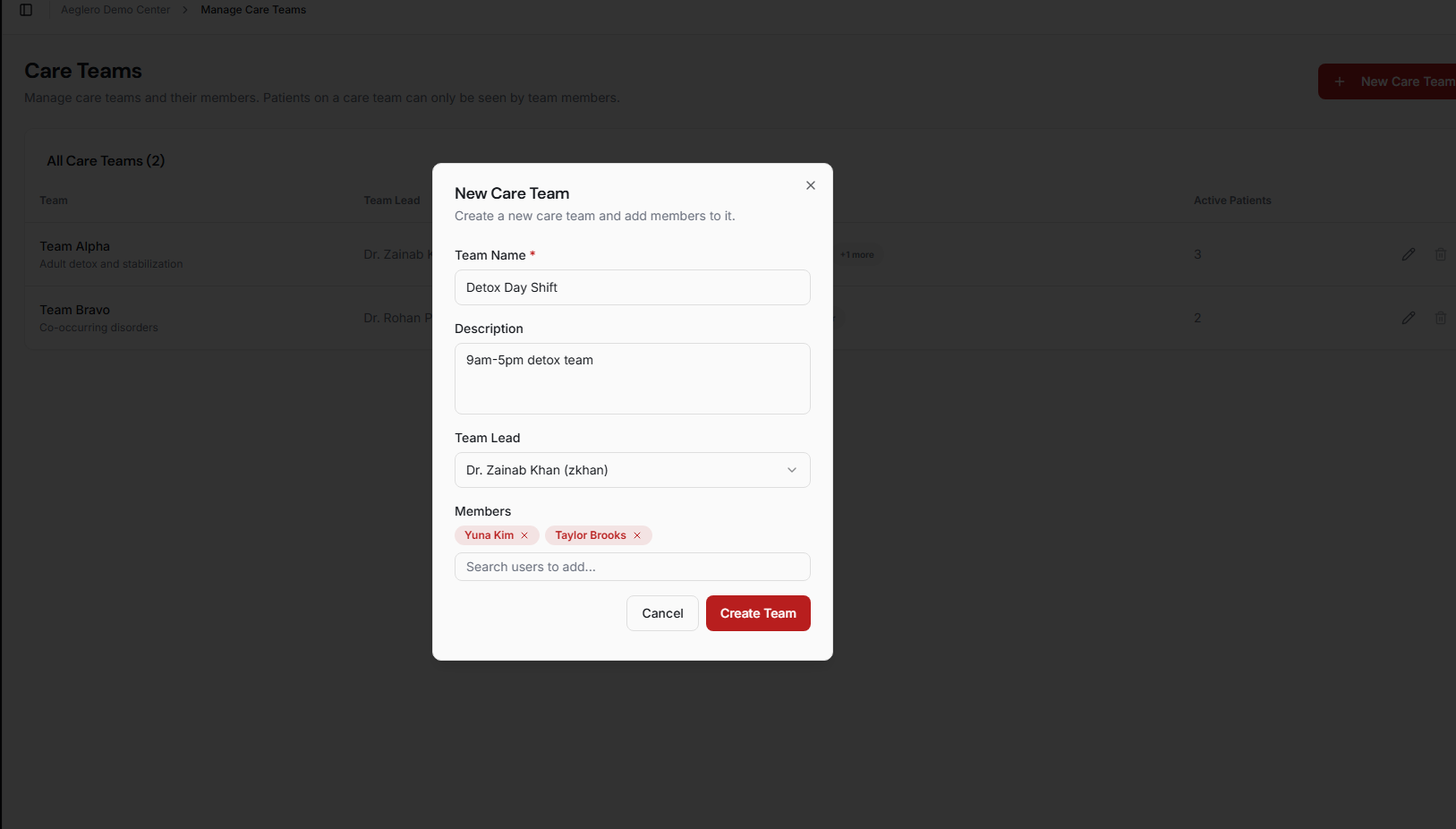 The New Team dialog with name, description, lead, and members fields filled in