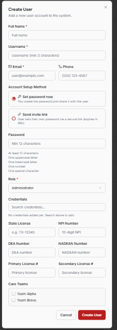New User dialog with basics, role, clinical credential fields, and the invite-link vs direct-password choice